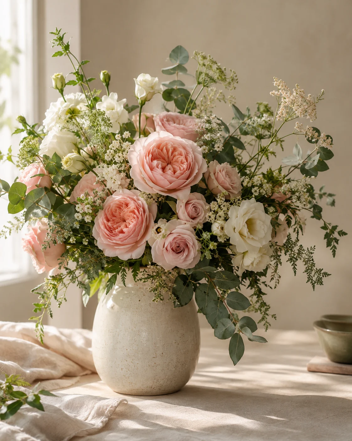 Buquê de rosas em tons claros e flores brancas