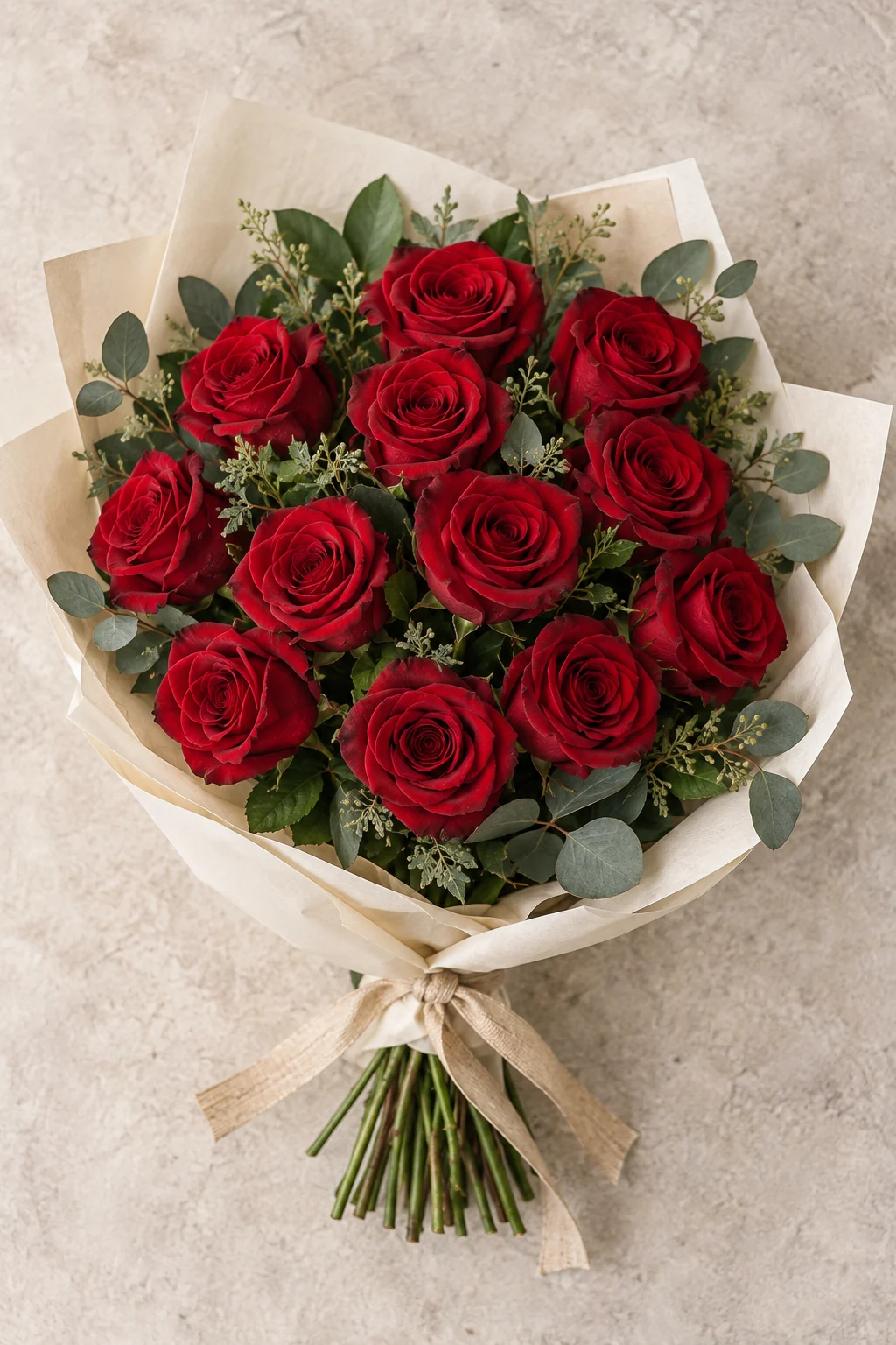 Buquê de rosas vermelhas visto de cima